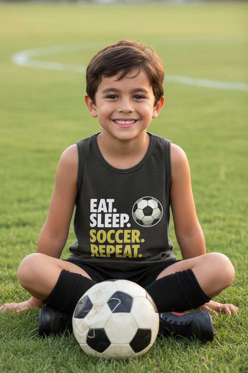 Eat Sleep Soccer Repeat Youth Funny Sports Motivation Tank Top for Kids Athletes DARK GREY HEATHER - 3480YCV - FRONT