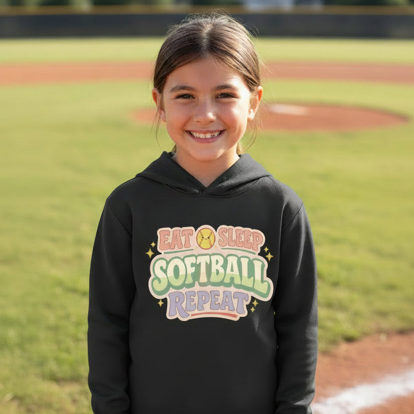 Eat Sleep Softball Repeat Cute Pastel Athletic Graphic Hoodie Black - FRONT