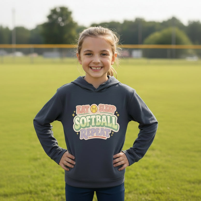 Eat Sleep Softball Repeat Cute Pastel Athletic Graphic Hoodie True Navy - FRONT