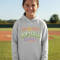 Eat Sleep Softball Repeat Cute Pastel Athletic Graphic Hoodie Silver - FRONT