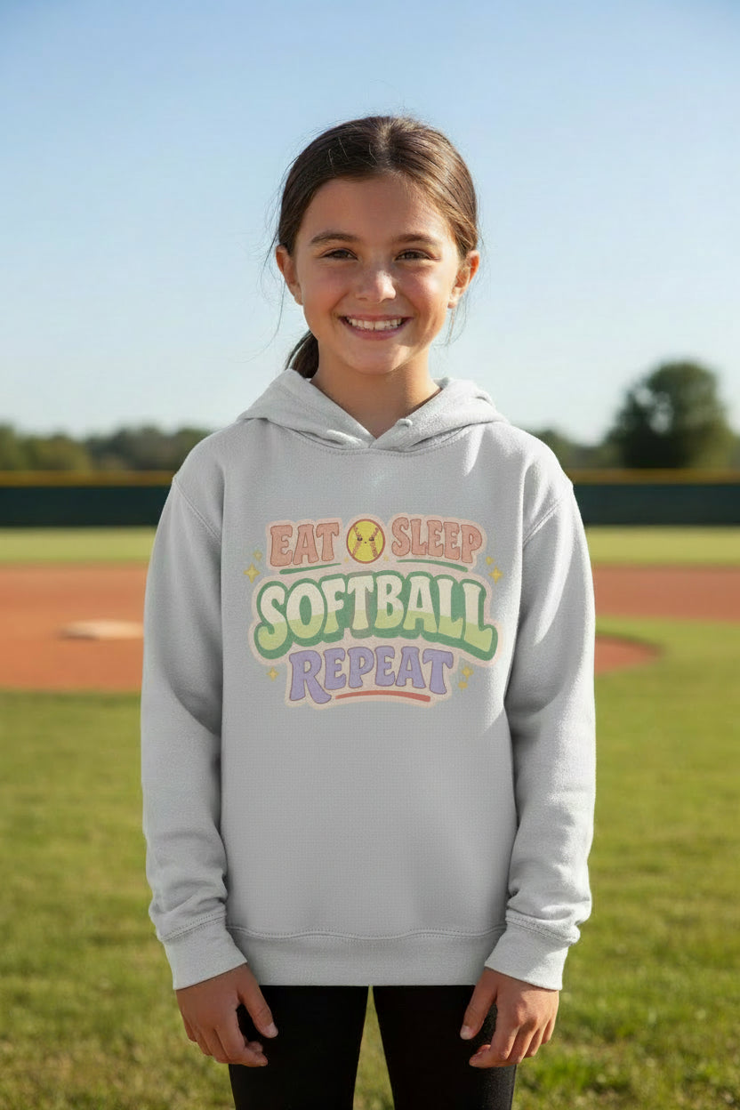 Eat Sleep Softball Repeat Cute Pastel Athletic Graphic Hoodie Silver - FRONT