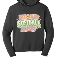 Eat Sleep Softball Repeat Cute Pastel Athletic Graphic Hoodie Black- FRONT