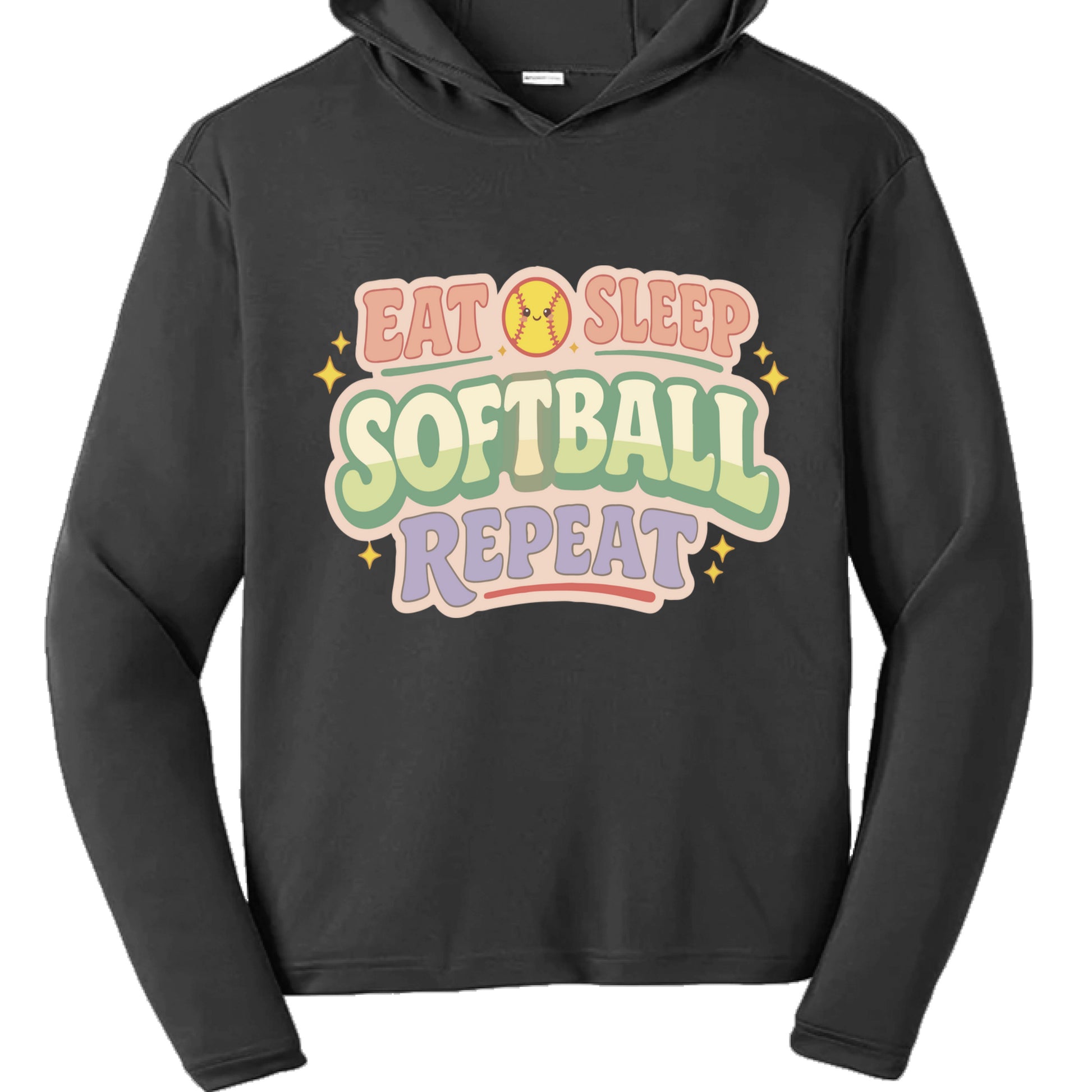 Eat Sleep Softball Repeat Cute Pastel Athletic Graphic Hoodie Black- FRONT