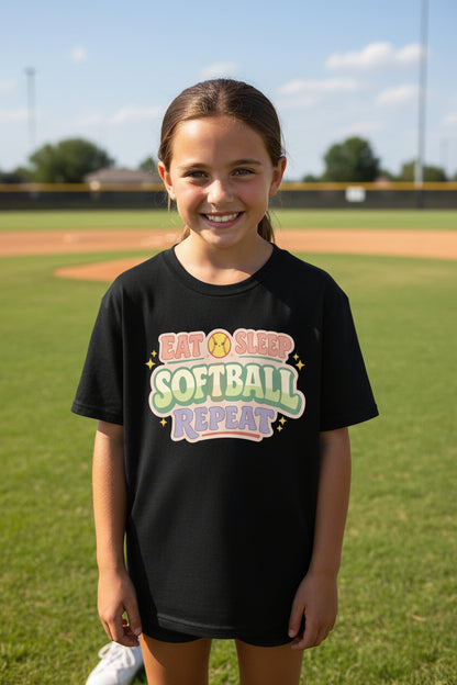 Eat Sleep Softball Repeat Cute Pastel Athletic Graphic T-Shirt Black - FRONT