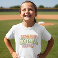 Eat Sleep Softball Repeat Cute Pastel Athletic Graphic T-Shirt WHITE - FRONT