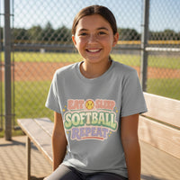 Eat Sleep Softball Repeat Cute Pastel Athletic Graphic T-Shirt Sport Grey - FRONT
