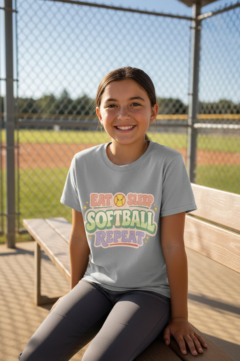 Eat Sleep Softball Repeat Cute Pastel Athletic Graphic T-Shirt Sport Grey - FRONT