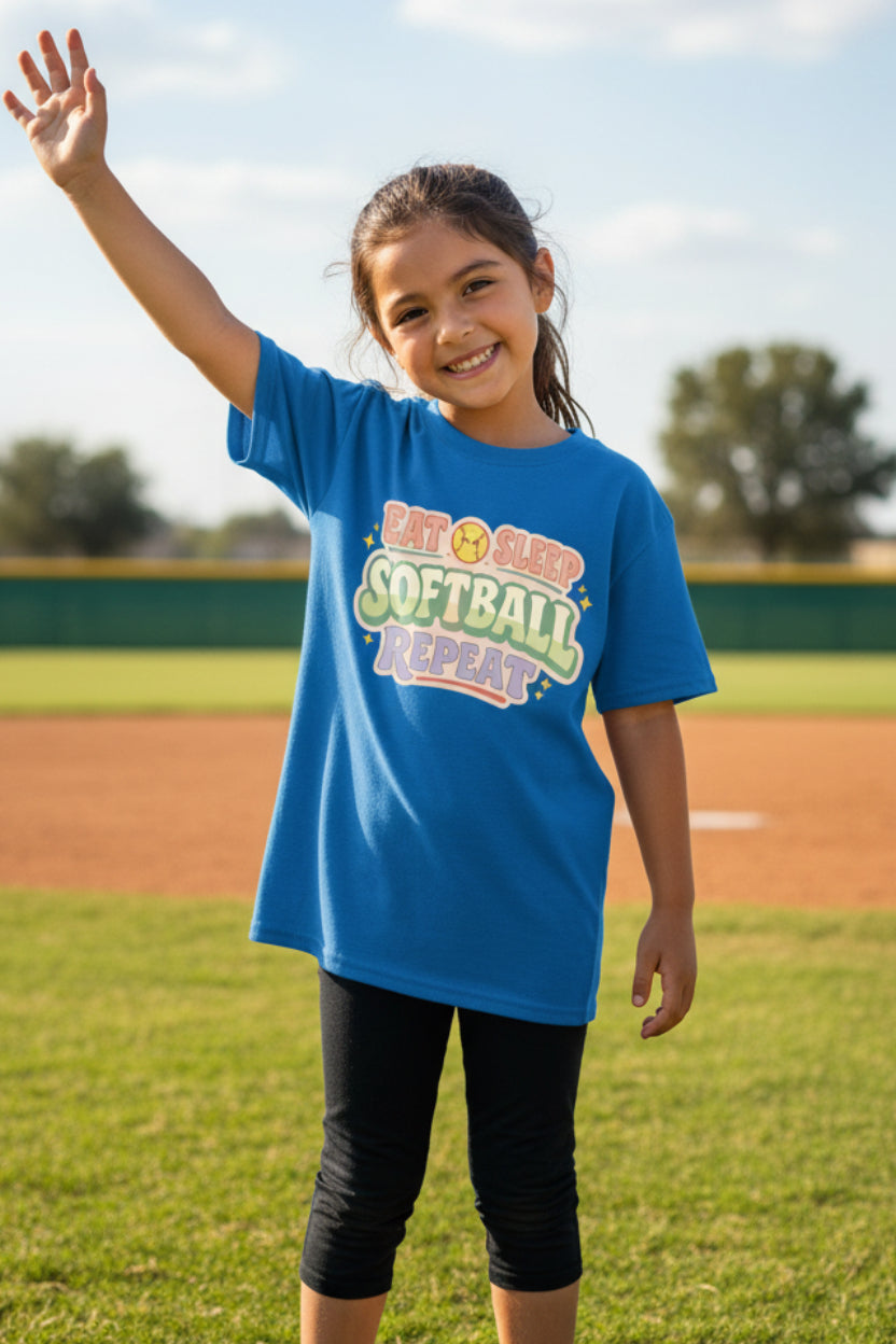 Eat Sleep Softball Repeat Cute Pastel Athletic Graphic T-Shirt Royal - FRONT