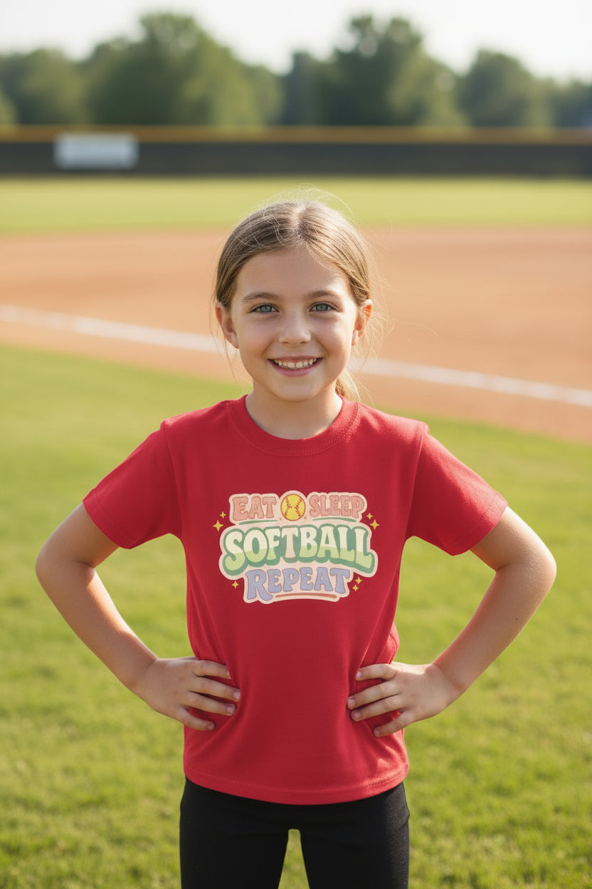 Eat Sleep Softball Repeat Cute Pastel Athletic Graphic T-Shirt Red - FRONT