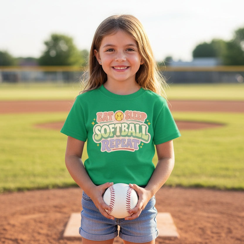 Eat Sleep Softball Repeat Cute Pastel Athletic Graphic T-Shirt Irish Green - FRONT