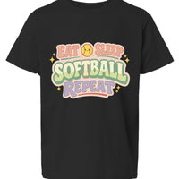 Eat Sleep Softball Repeat Cute Pastel Athletic Graphic T-Shirt Black- FRONT