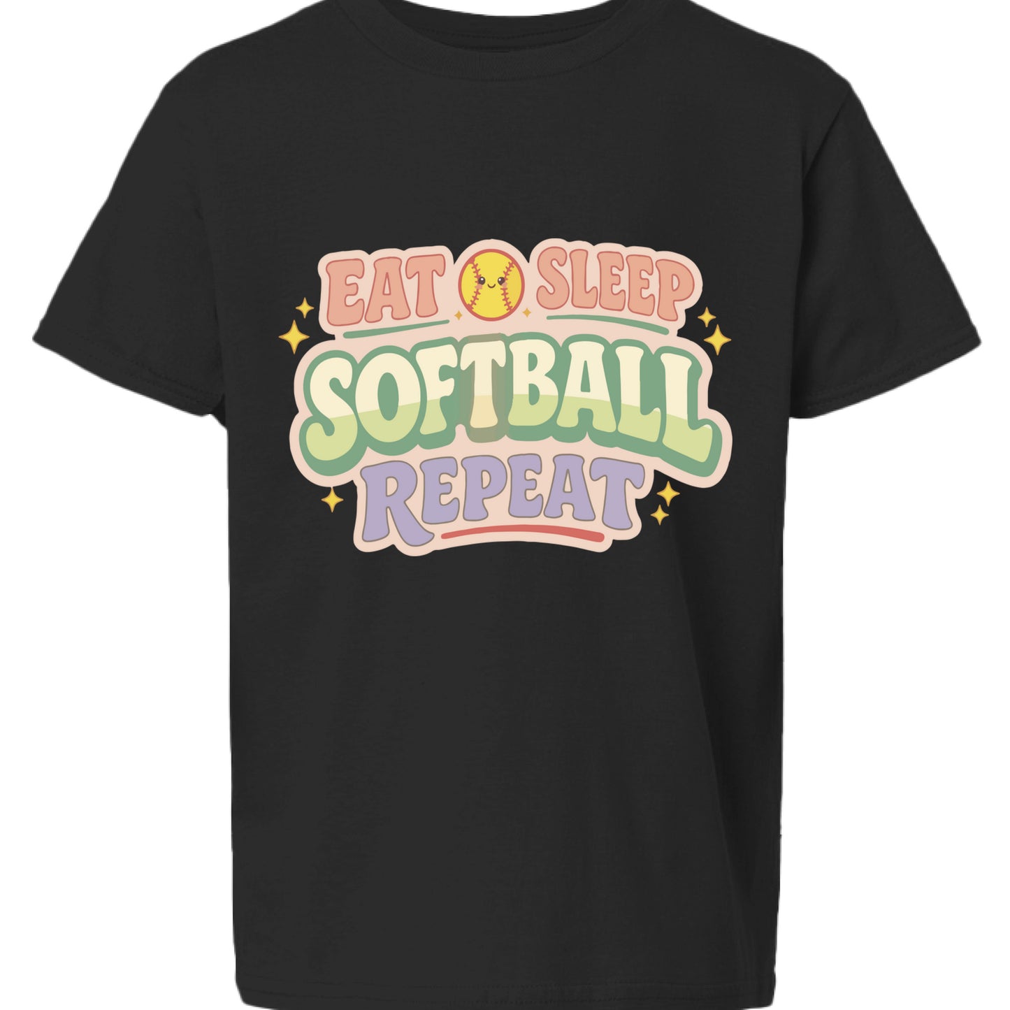 Eat Sleep Softball Repeat Cute Pastel Athletic Graphic T-Shirt Black- FRONT