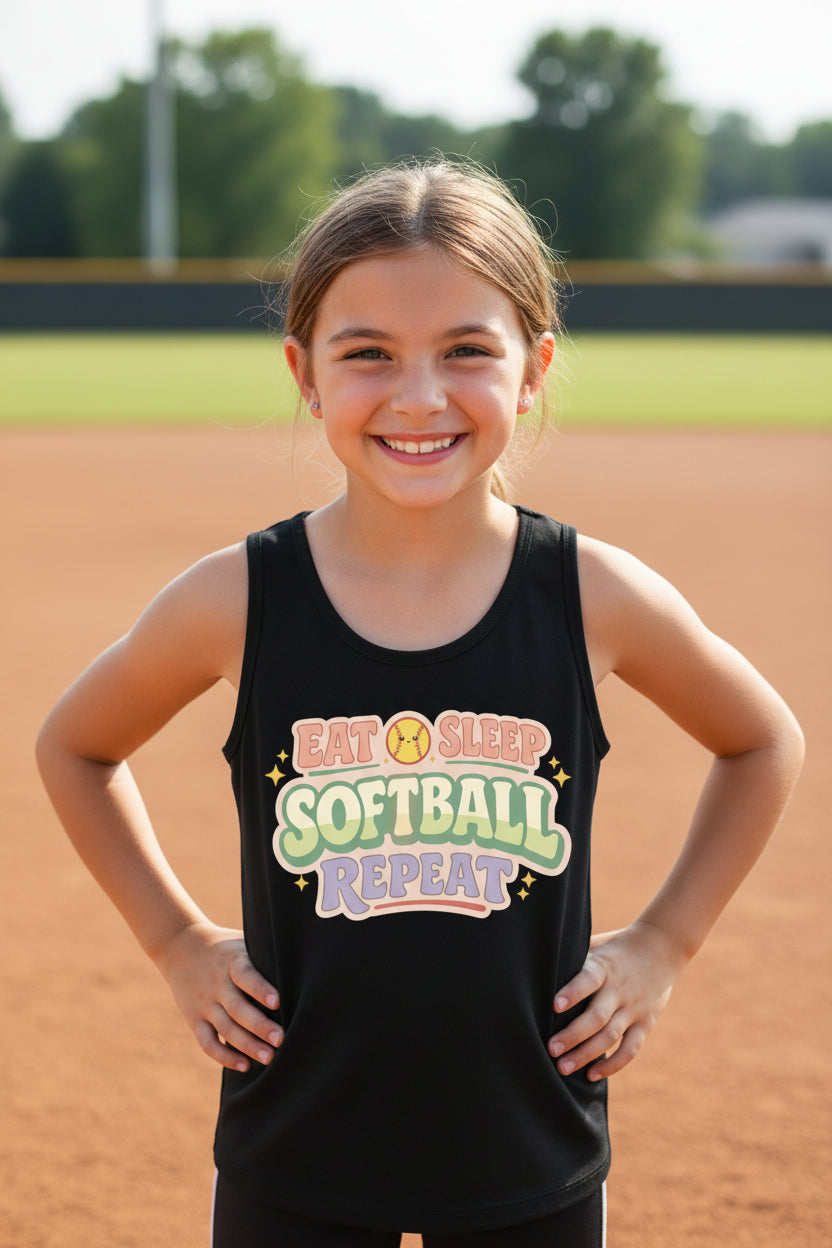 Eat Sleep Softball Repeat Cute Pastel Athletic Graphic Tank Top Solid Black Triblend - FRONT