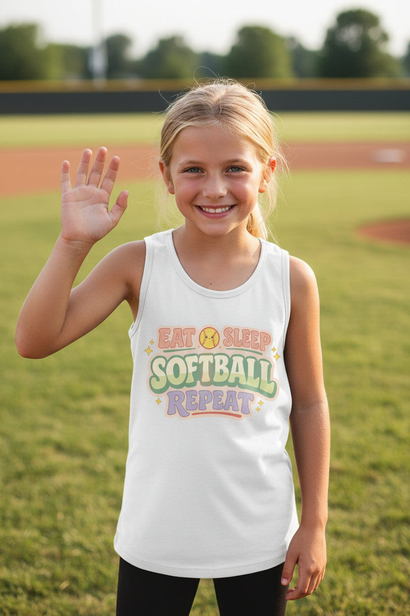 Eat Sleep Softball Repeat Cute Pastel Athletic Graphic Tank Top Solid White Triblend - FRONT