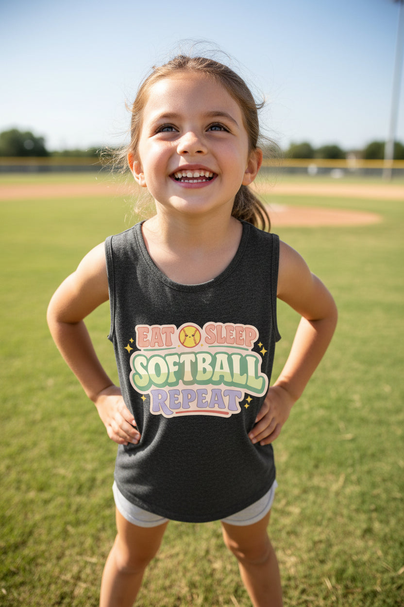 Eat Sleep Softball Repeat Cute Pastel Athletic Graphic Tank Top DARK GREY HEATHER - FRONT