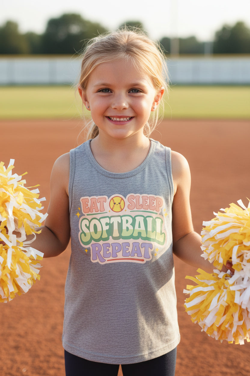 Eat Sleep Softball Repeat Cute Pastel Athletic Graphic Tank Top ATHLETIC HEATHER - FRONT