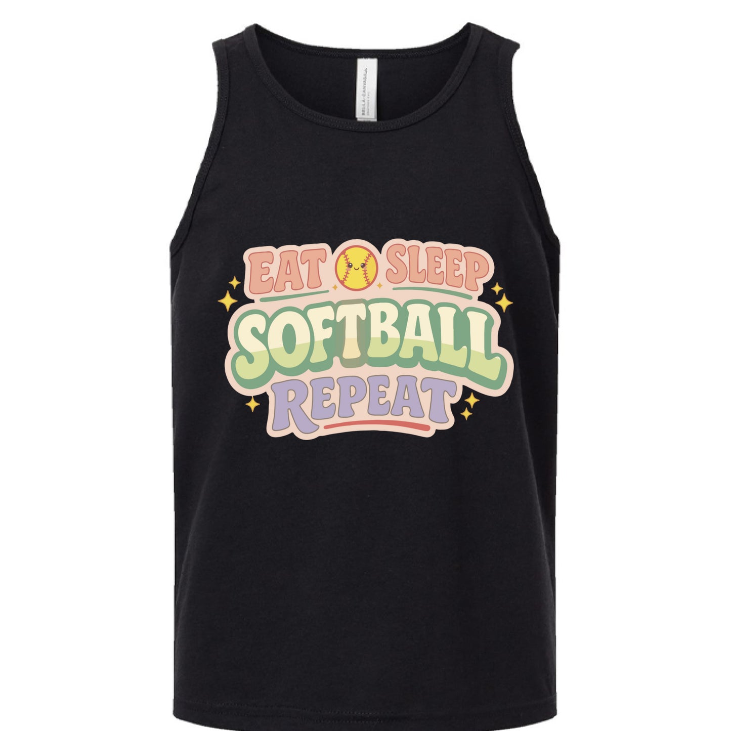 Eat Sleep Softball Repeat Cute Pastel Athletic Graphic Tank Top Solid Black Triblend - FRONT