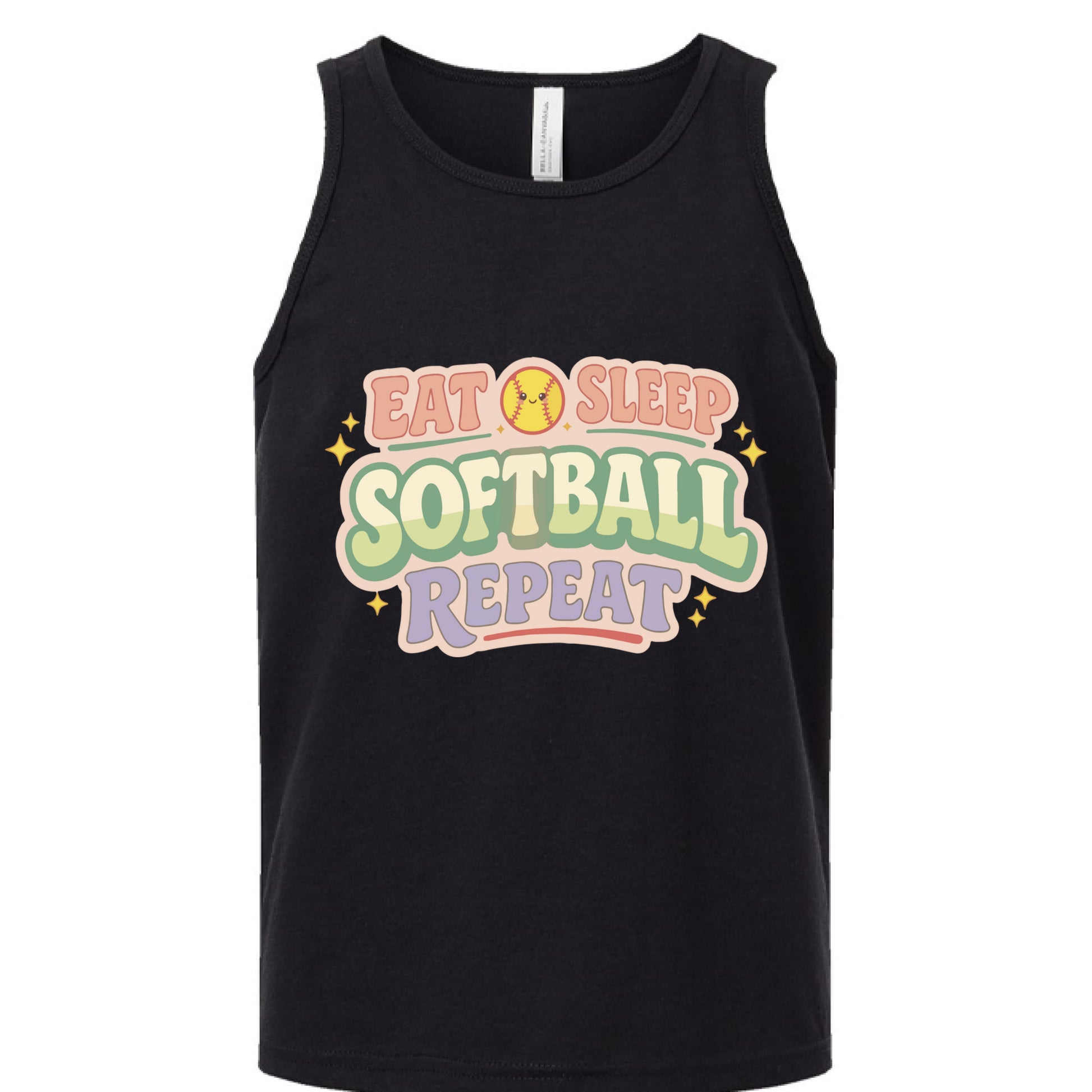 Eat Sleep Softball Repeat Cute Pastel Athletic Graphic Tank Top Solid Black Triblend - FRONT