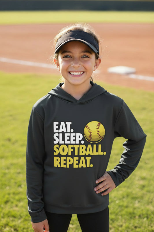 Eat Sleep Softball Repeat Youth Funny Sports Motivation Hoodie for Kids Athletes Black - YST358 - FRONT