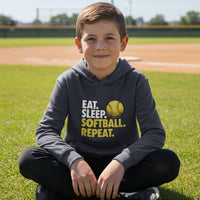 Eat Sleep Softball Repeat Youth Funny Sports Motivation Hoodie for Kids Athletes True Navy - YST358 - FRONT