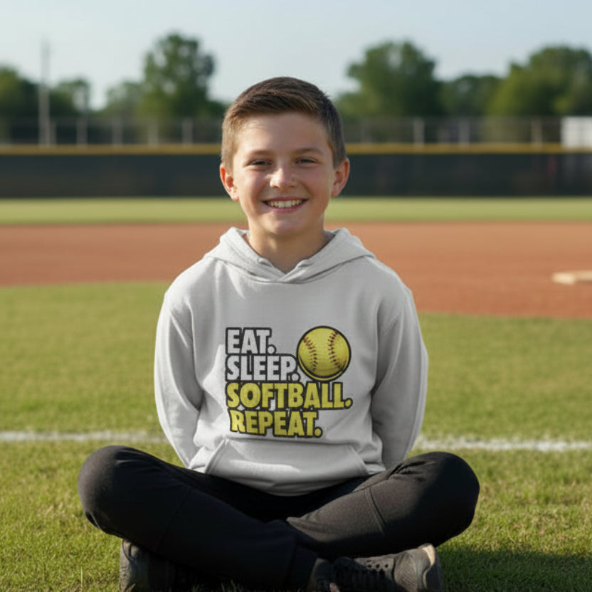 Eat Sleep Softball Repeat Youth Funny Sports Motivation Hoodie for Kids Athletes Silver - YST358 - FRONT