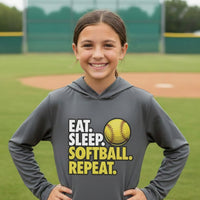Eat Sleep Softball Repeat Youth Funny Sports Motivation Hoodie for Kids Athletes Iron Grey - YST358 - FRONT
