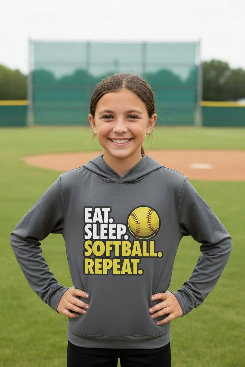 Eat Sleep Softball Repeat Youth Funny Sports Motivation Hoodie for Kids Athletes Iron Grey - YST358 - FRONT