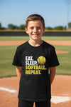 Eat Sleep Softball Repeat Youth Funny Sports Motivation T-Shirt for Kids Athletes Black - G640B - FRONT