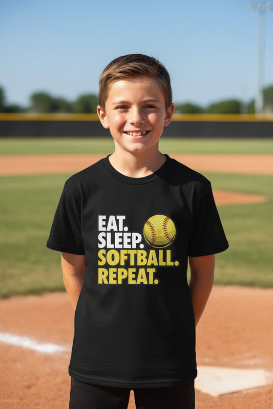 Eat Sleep Softball Repeat Youth Funny Sports Motivation T-Shirt for Kids Athletes Black - G640B - FRONT