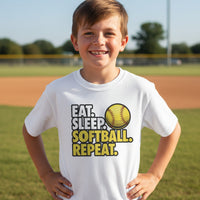 Eat Sleep Softball Repeat Youth Funny Sports Motivation T-Shirt for Kids Athletes WHITE - G640B - FRONT