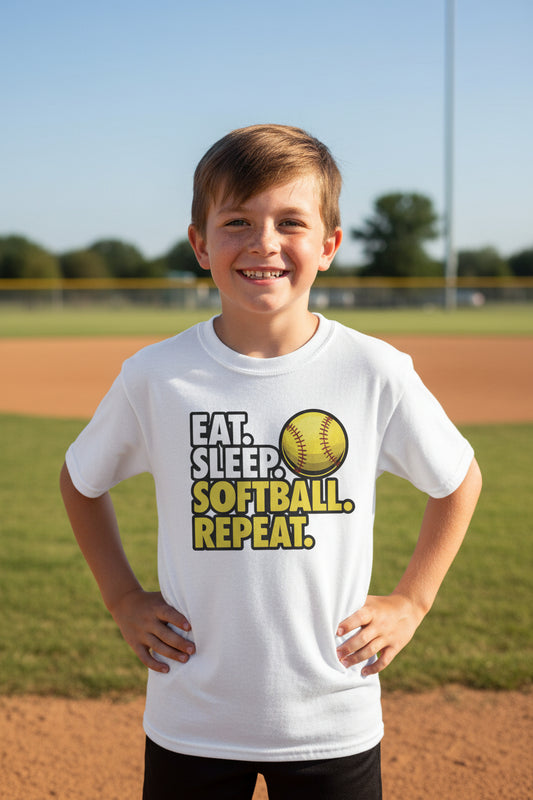 Eat Sleep Softball Repeat Youth Funny Sports Motivation T-Shirt for Kids Athletes WHITE - G640B - FRONT