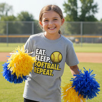 Eat Sleep Softball Repeat Youth Funny Sports Motivation T-Shirt for Kids Athletes Sport Grey - G640B - FRONT
