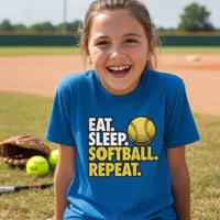 Eat Sleep Softball Repeat Youth Funny Sports Motivation T-Shirt for Kids Athletes Royal - G640B - FRONT