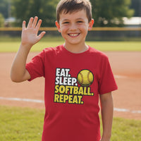 Eat Sleep Softball Repeat Youth Funny Sports Motivation T-Shirt for Kids Athletes Red - G640B - FRONT