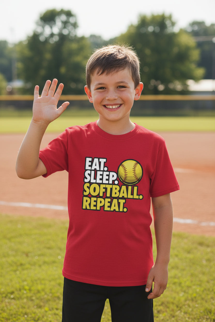 Eat Sleep Softball Repeat Youth Funny Sports Motivation T-Shirt for Kids Athletes Red - G640B - FRONT