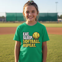 Eat Sleep Softball Repeat Youth Funny Sports Motivation T-Shirt for Kids Athletes Irish Green - G640B - FRONT