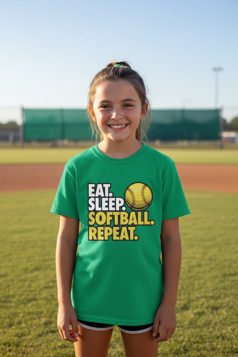 Eat Sleep Softball Repeat Youth Funny Sports Motivation T-Shirt for Kids Athletes Irish Green - G640B - FRONT