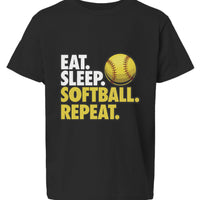 Eat Sleep Softball Repeat Youth Funny Sports Motivation T-Shirt for Kids Athletes Black - G640B - FRONT