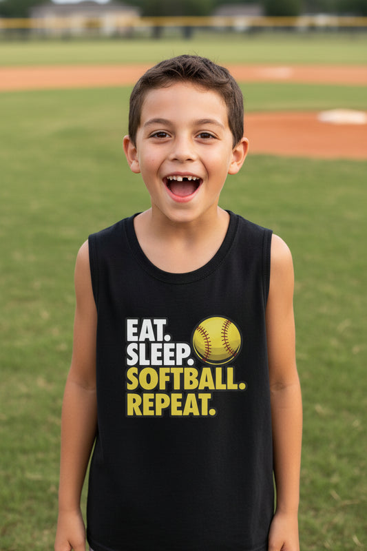 Eat Sleep Softball Repeat Youth Funny Sports Motivation Tank Top for Kids Athletes Solid Black Triblend - 3480YCV - FRONT