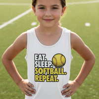 Eat Sleep Softball Repeat Youth Funny Sports Motivation Tank Top for Kids Athletes Solid White Triblend - 3480YCV - FRONT