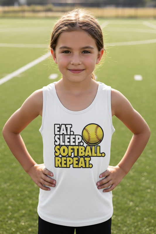 Eat Sleep Softball Repeat Youth Funny Sports Motivation Tank Top for Kids Athletes Solid White Triblend - 3480YCV - FRONT