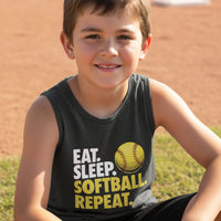 Eat Sleep Softball Repeat Youth Funny Sports Motivation Tank Top for Kids Athletes DARK GREY HEATHER - 3480YCV - FRONT