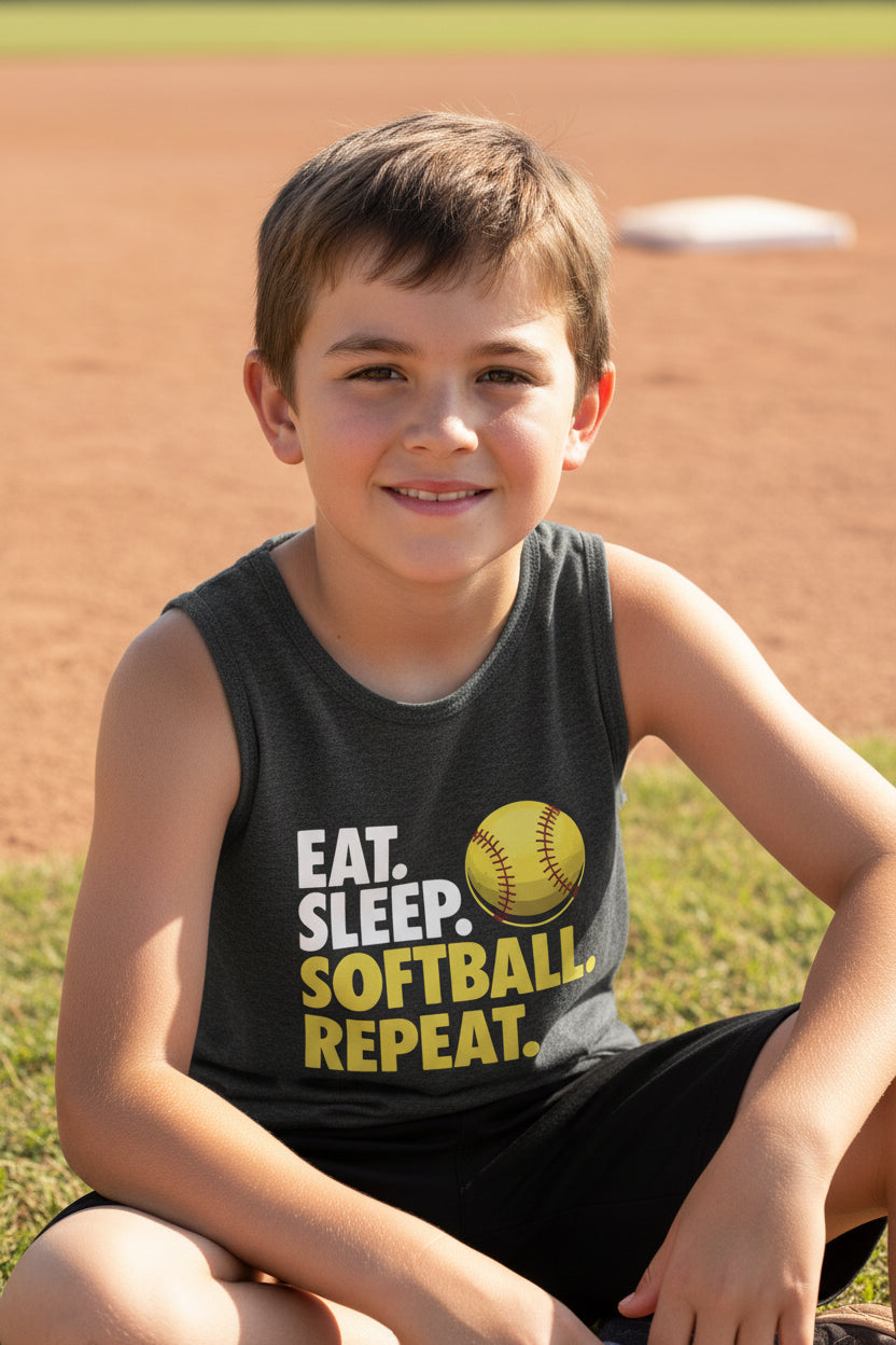 Eat Sleep Softball Repeat Youth Funny Sports Motivation Tank Top for Kids Athletes DARK GREY HEATHER - 3480YCV - FRONT