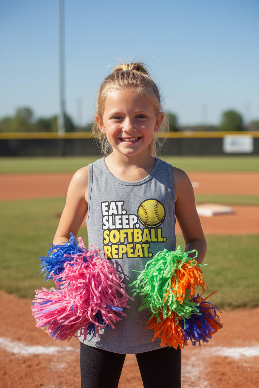 Eat Sleep Softball Repeat Youth Funny Sports Motivation Tank Top for Kids Athletes ATHLETIC HEATHER - 3480YCV - FRONT