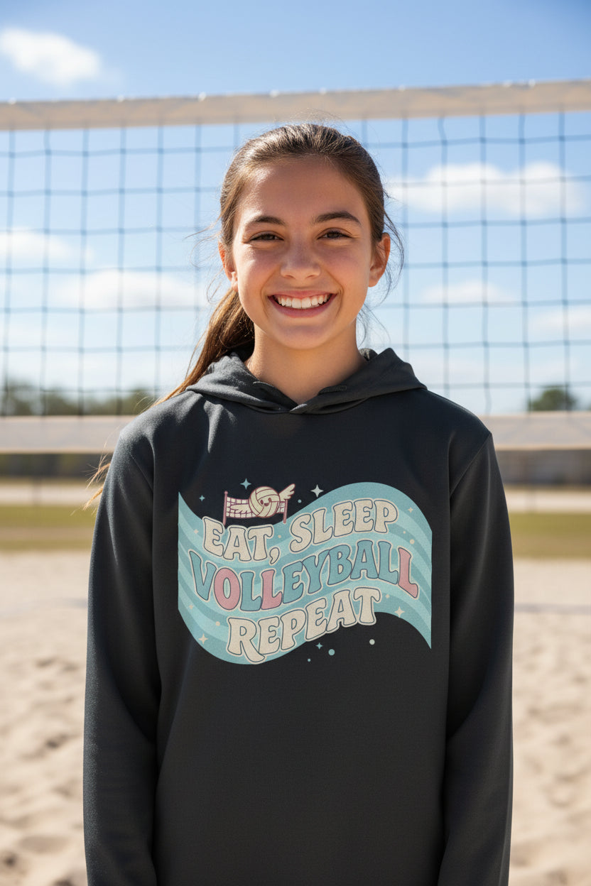 Eat Sleep Volleyball Repeat Fan Girly Sports Lover Hoodie Black - FRONT