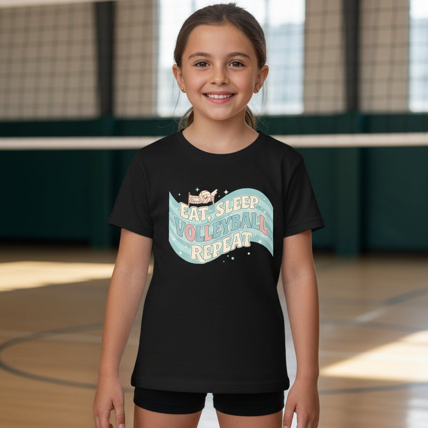 Eat Sleep Volleyball Repeat Fan Girly Sports Lover T-Shirt Black - FRONT