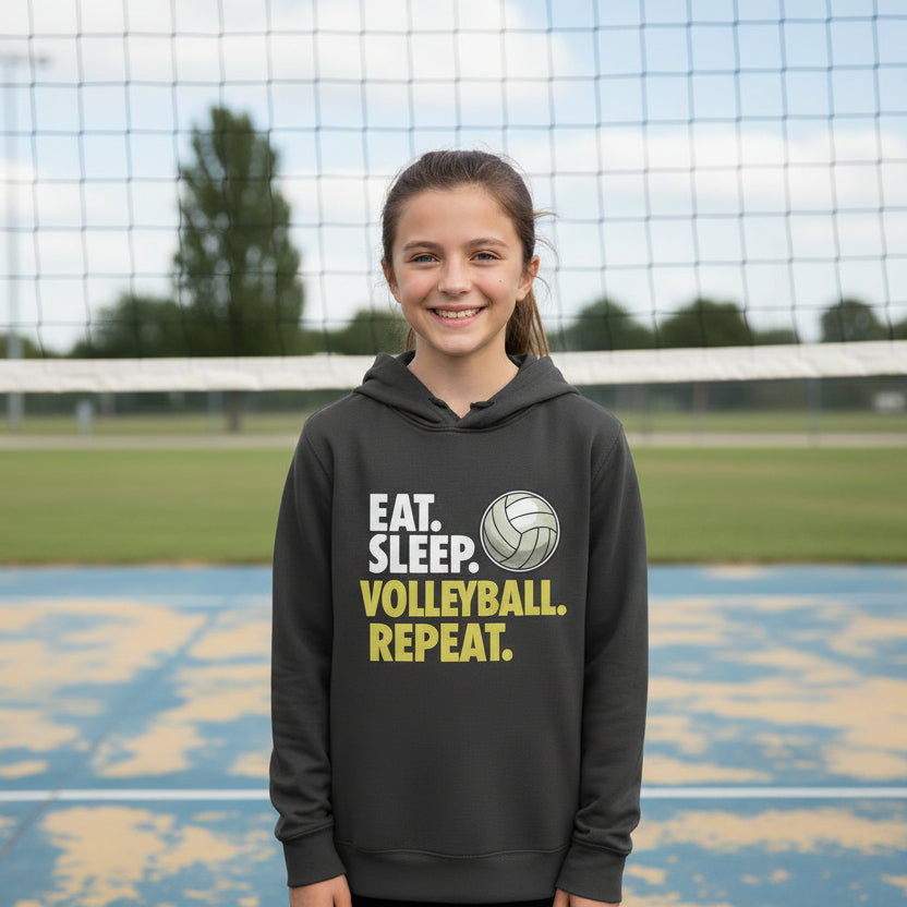 Eat Sleep Volleyball Repeat Youth Funny Sports Motivation Hoodie for Kids Athletes Black - YST358 - FRONT