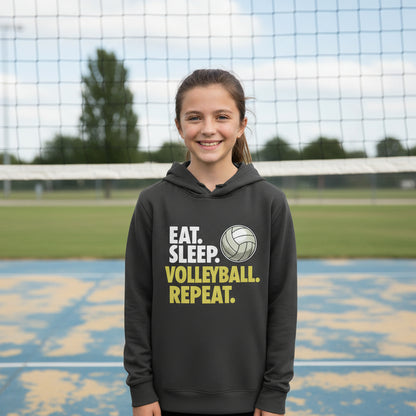 Eat Sleep Volleyball Repeat Youth Funny Sports Motivation Hoodie for Kids Athletes Black - YST358 - FRONT