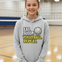 Eat Sleep Volleyball Repeat Youth Funny Sports Motivation Hoodie for Kids Athletes Silver - YST358 - FRONT