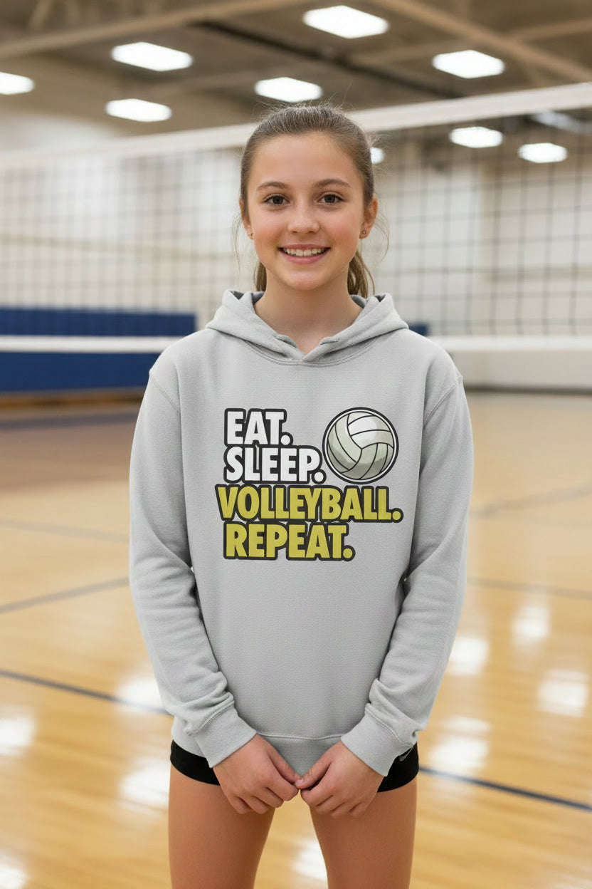 Eat Sleep Volleyball Repeat Youth Funny Sports Motivation Hoodie for Kids Athletes Silver - YST358 - FRONT